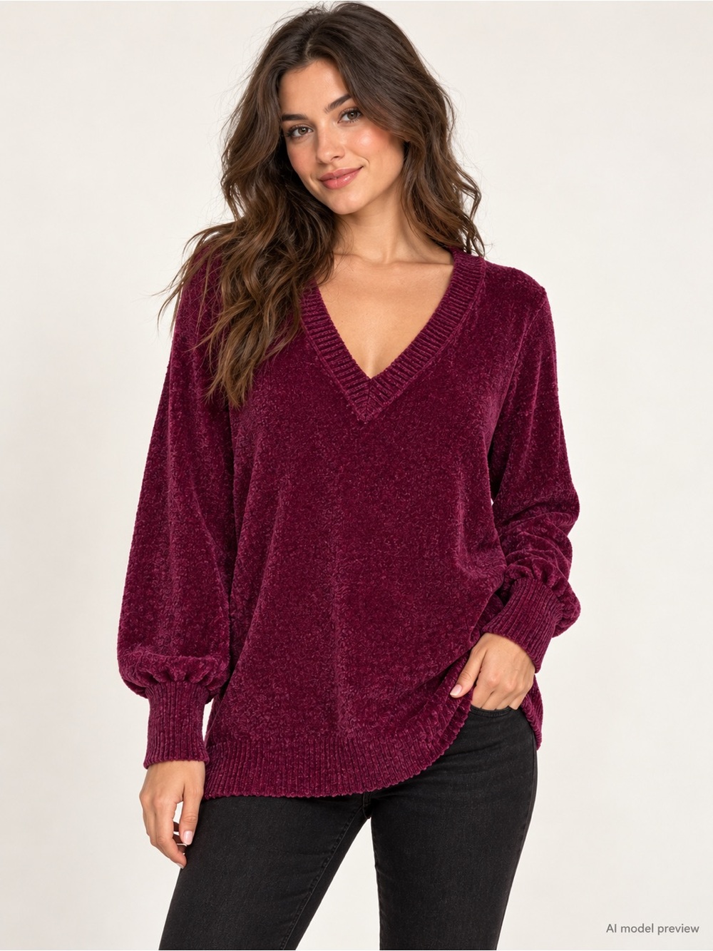 Forever 21 Plush V-Neck Sweater in Burgundy